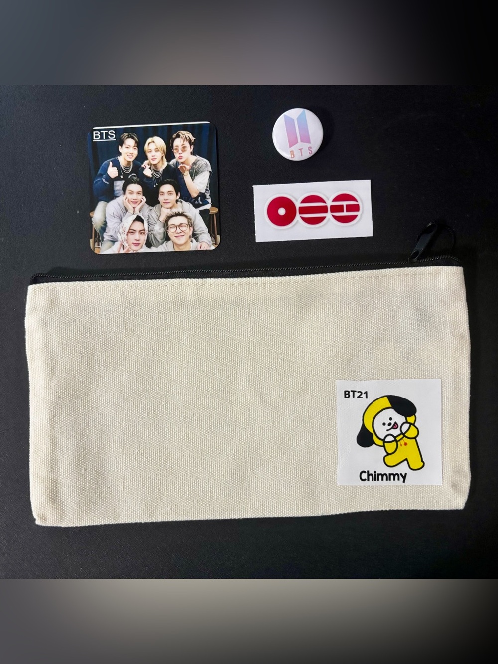 Chimmy Canvas Cosmetic Pouch with Arirang Sticker Decal, BTS pin and BTS Magnet